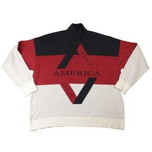 Perry Ellis America Mens XL Colorblock Mock‎ Neck Sweater Navy Red White Vintage